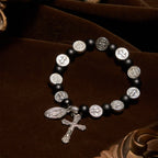 Natural Black Agate Bracelet with St. Benedict Medal and Virgin Mary Pendant: Divine Faith Artistry