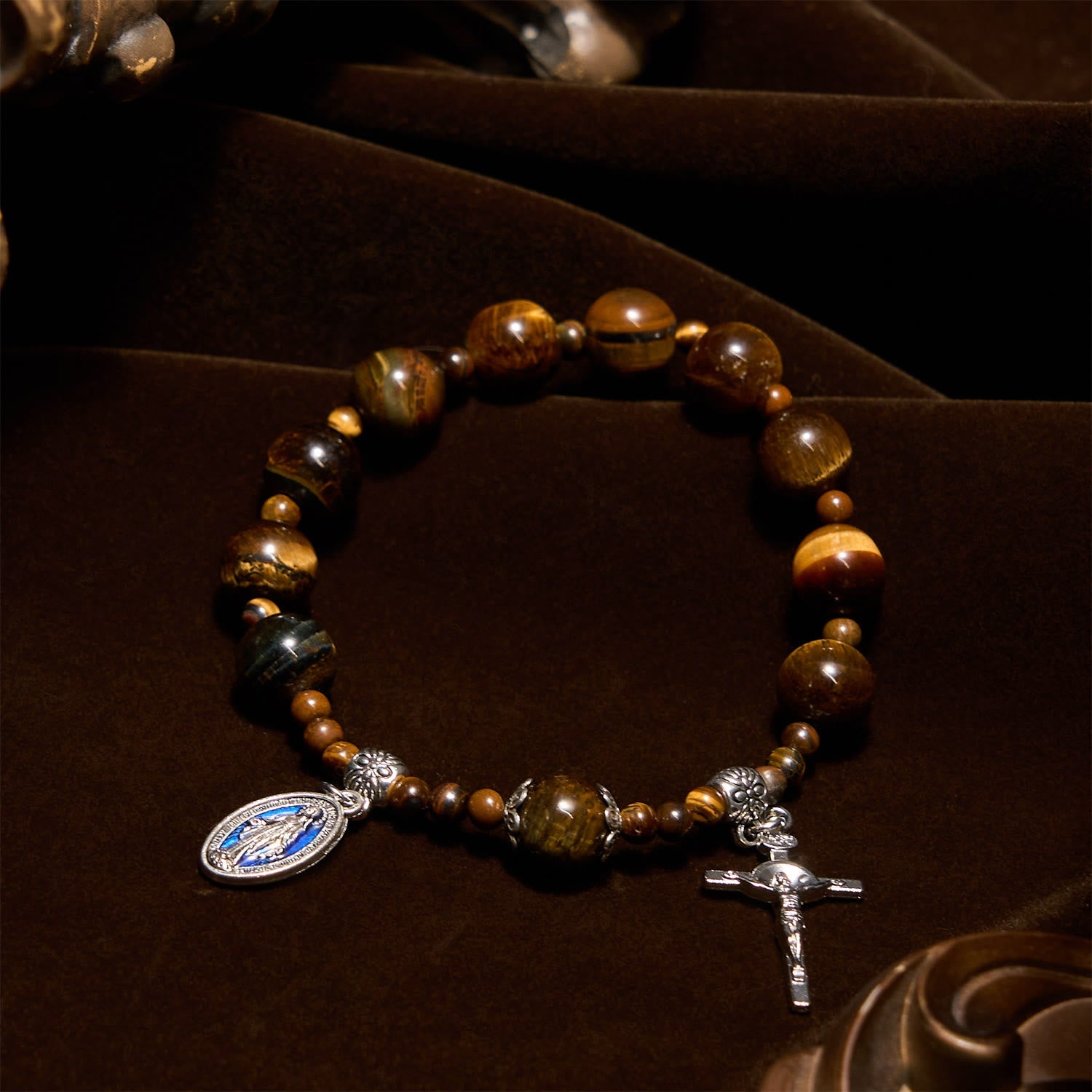 Pulsera de rosario de una década con ojo de tigre amarillo de 10 mm