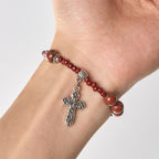 Pulsera de rosario de una década, piedra de sésamo roja de 8 mm, con medalla milagrosa y cruz