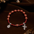 Pulsera de rosario de una década, piedra de sésamo roja de 8 mm, con medalla milagrosa y cruz