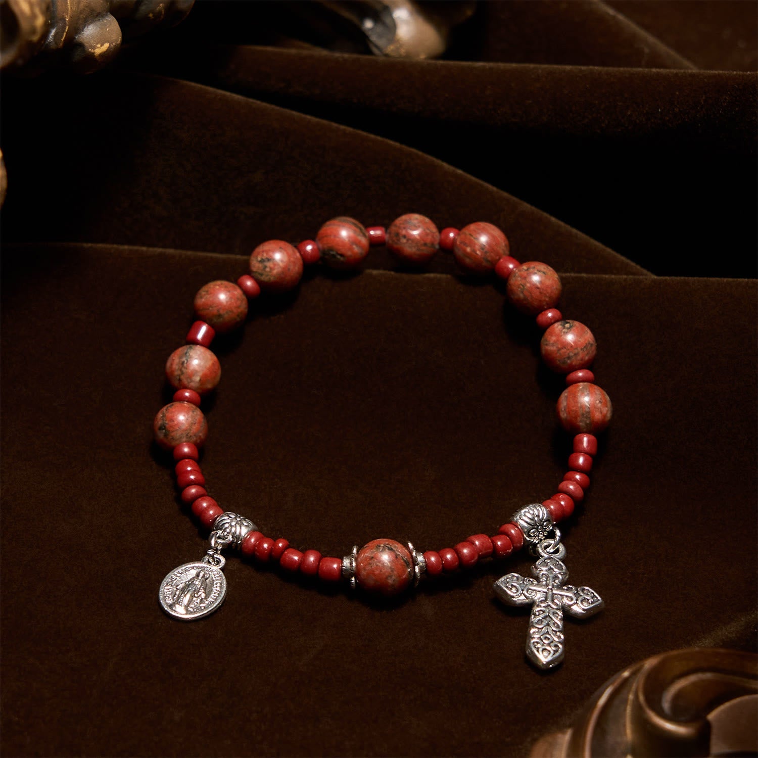 Pulsera de rosario de una década, piedra de sésamo roja de 8 mm, con medalla milagrosa y cruz