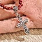 Pulsera de rosario de una década, piedra de sésamo roja de 8 mm, con medalla milagrosa y cruz