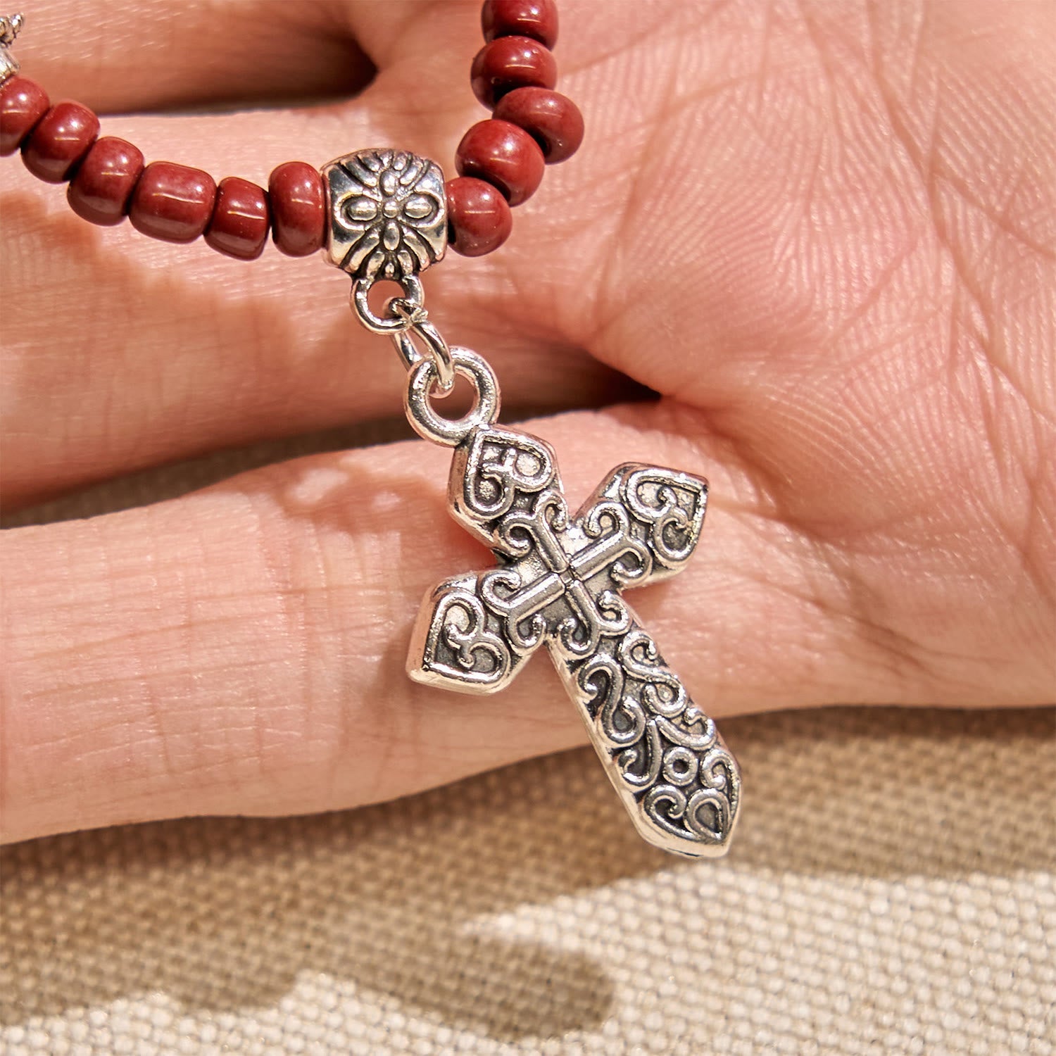 Pulsera de rosario de una década, piedra de sésamo roja de 8 mm, con medalla milagrosa y cruz