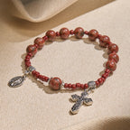 Pulsera de rosario de una década, piedra de sésamo roja de 8 mm, con medalla milagrosa y cruz
