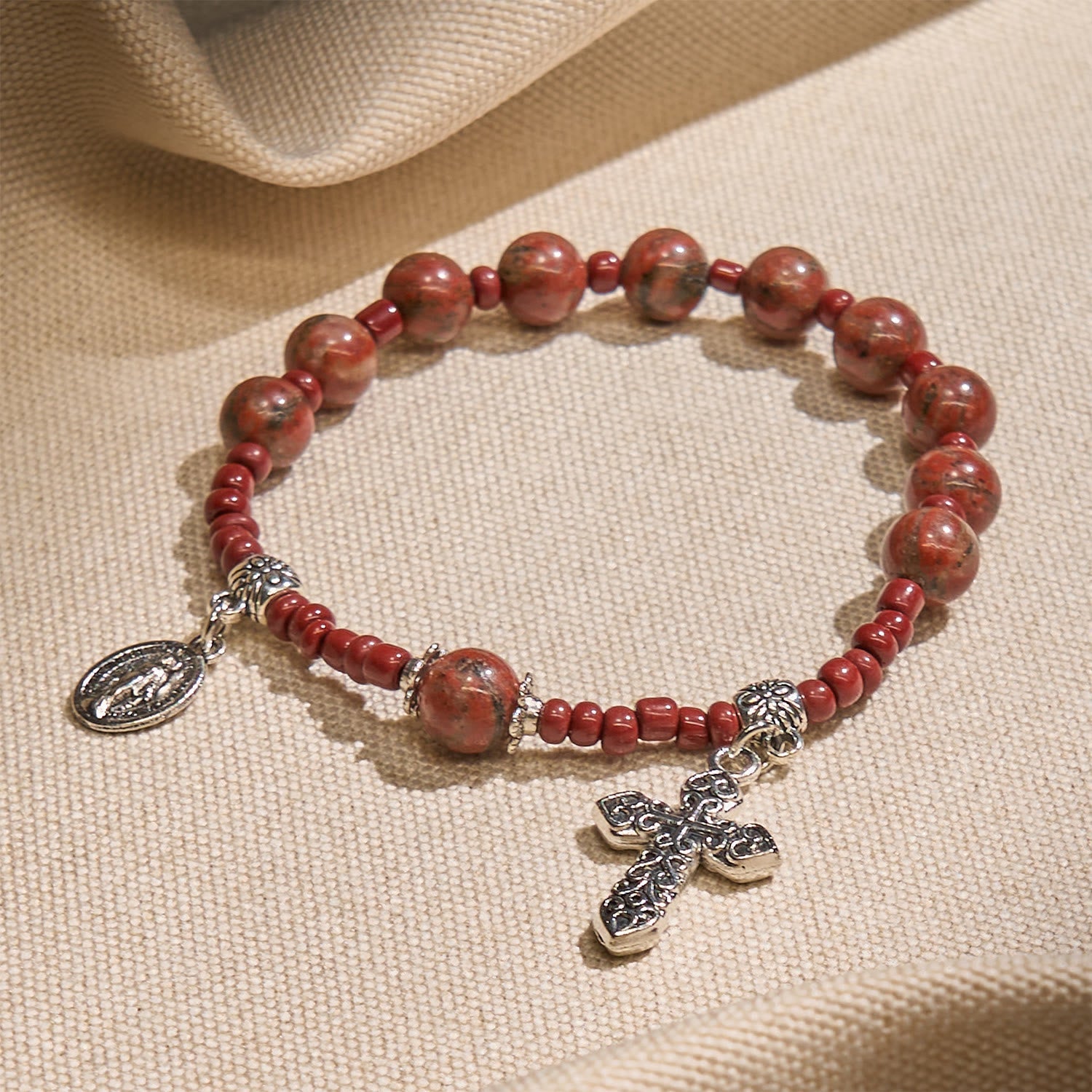 Pulsera de rosario de una década, piedra de sésamo roja de 8 mm, con medalla milagrosa y cruz