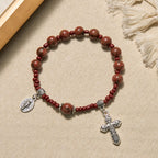 Pulsera de rosario de una década, piedra de sésamo roja de 8 mm, con medalla milagrosa y cruz