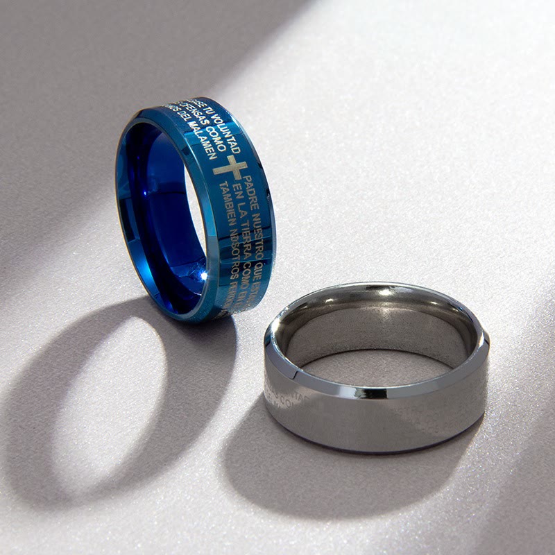 Anillo Minimalista de 8mm con Versículo Sagrado y Diseño de Cruz Tricolor: Lleva Tu Fe Contigo