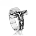 Anillo de acero inoxidable con relieve de crucifijo vintage: fuerza a través del sacrificio sagrado