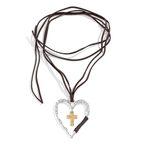 Collier Bohème Cœur Texturé avec Pendentif Croix et Cordon en Cuir