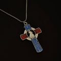 Clásico Retrato de la Divina Misericordia en Collar con Cruz Roja y Azul Vivos