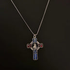 Clásico Retrato de la Divina Misericordia en Collar con Cruz Roja y Azul Vivos