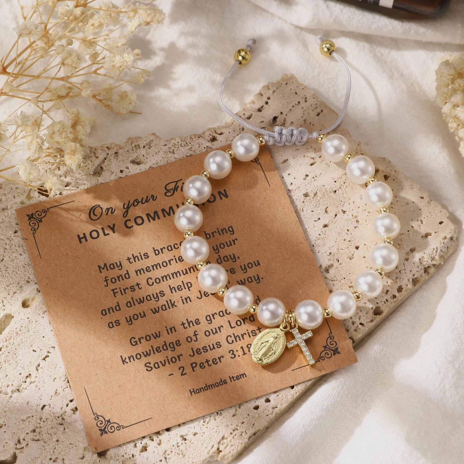 FOI PRIANTE : Bracelet élégant Médaille Miraculeuse Blanc avec Carte de Verset Biblique