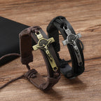 Bracelet réglable en cuir marron ou noir style classique avec crucifix