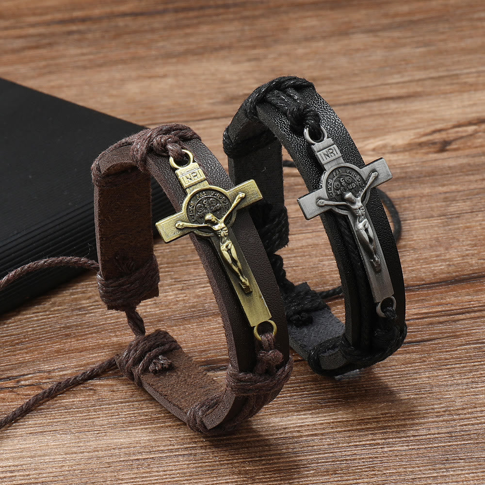 Bracelet réglable en cuir marron ou noir style classique avec crucifix