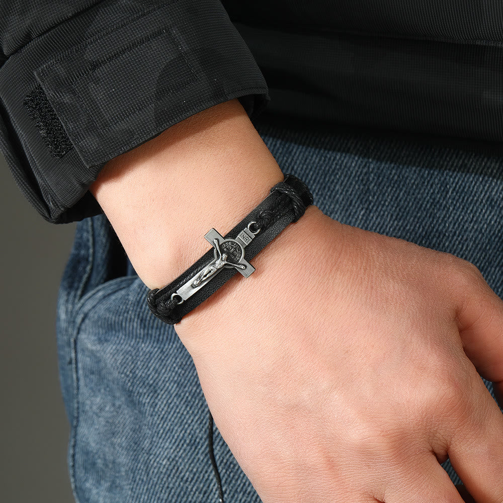 Bracelet réglable en cuir marron ou noir style classique avec crucifix