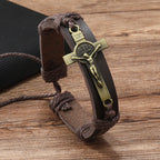 Bracelet réglable en cuir marron ou noir style classique avec crucifix