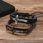 Bracelet réglable en cuir marron ou noir style classique avec crucifix