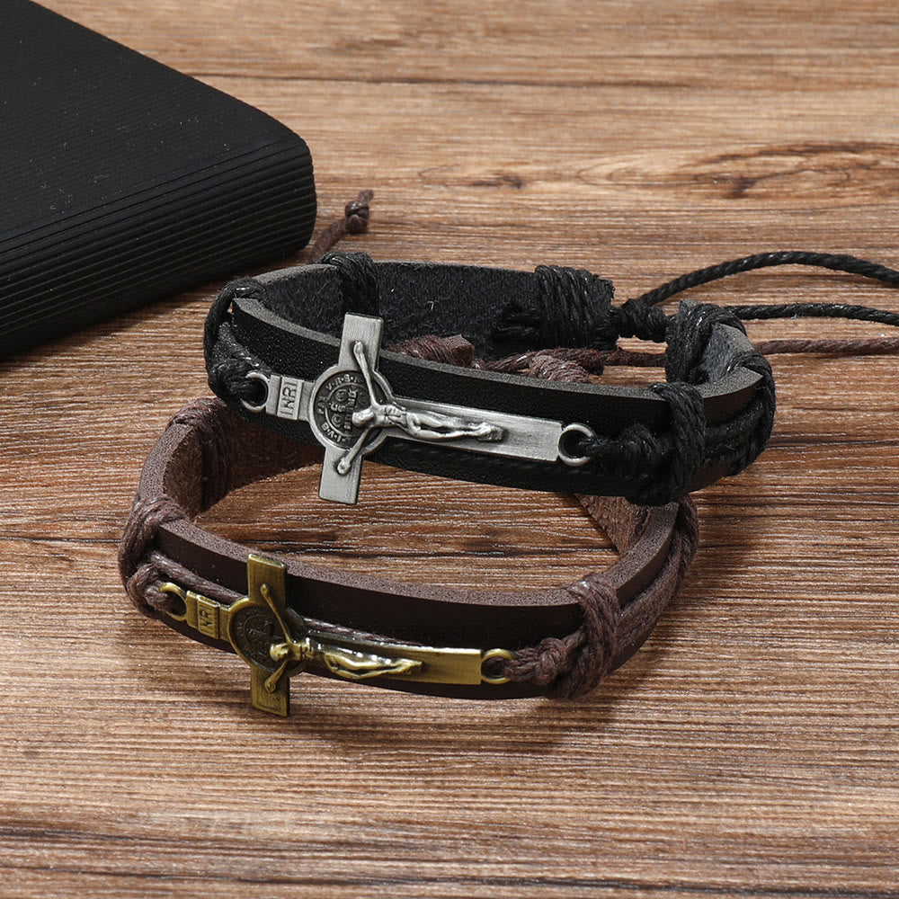 Bracelet réglable en cuir marron ou noir style classique avec crucifix