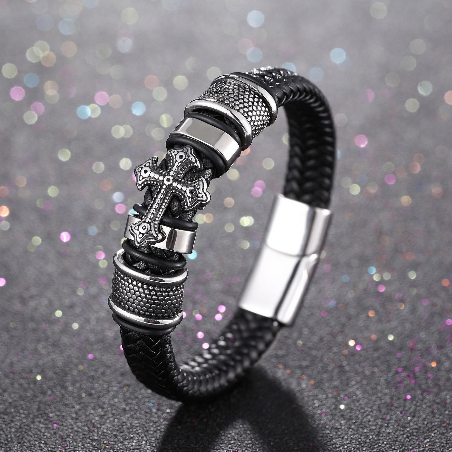 Pulsera clásica de cuero de la Santa Cruz de dos tonos con diseño trenzado