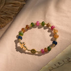 Pulsera de Cuentas de Turmalina con Cruz y Medalla Milagrosa