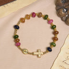 Pulsera de Cuentas de Turmalina con Cruz y Medalla Milagrosa