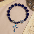 Élégants bracelets en perles bleu profond avec crucifix et médaille miraculeuse