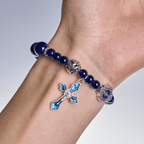 Élégants bracelets en perles bleu profond avec crucifix et médaille miraculeuse