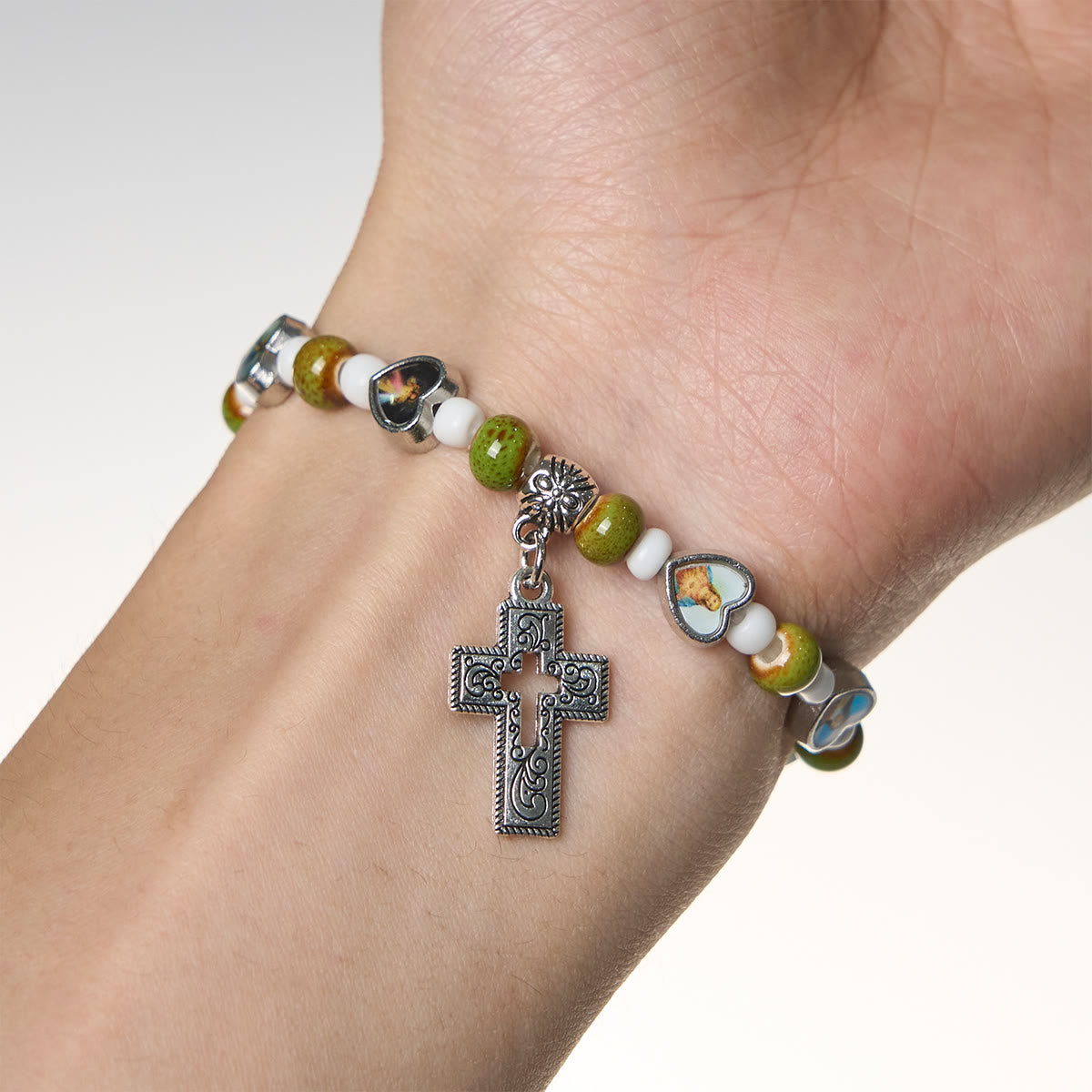 Colorful Glass & Ceramic Bead Bracelets with Cross and Saints Heart Charms