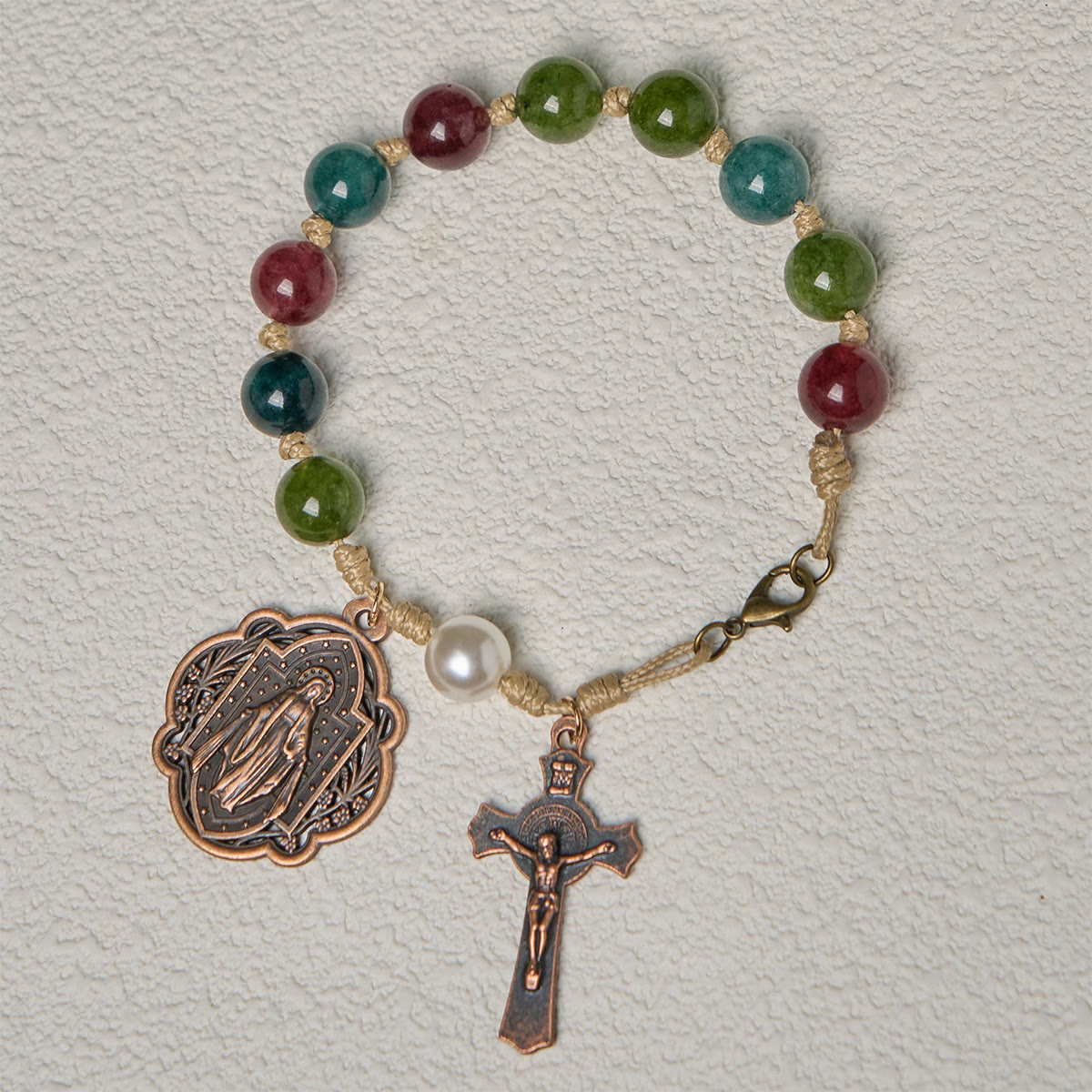Pulseras de ágata de turmalina natural de 10 mm con medalla milagrosa y crucifijo