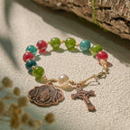 Pulseras de ágata de turmalina natural de 10 mm con medalla milagrosa y crucifijo