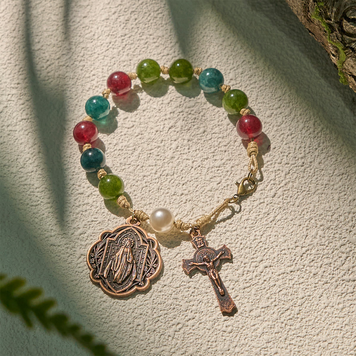 Pulseras de ágata de turmalina natural de 10 mm con medalla milagrosa y crucifijo