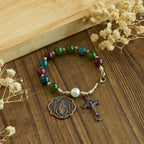 Pulseras de ágata de turmalina natural de 10 mm con medalla milagrosa y crucifijo