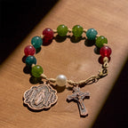 Pulseras de ágata de turmalina natural de 10 mm con medalla milagrosa y crucifijo