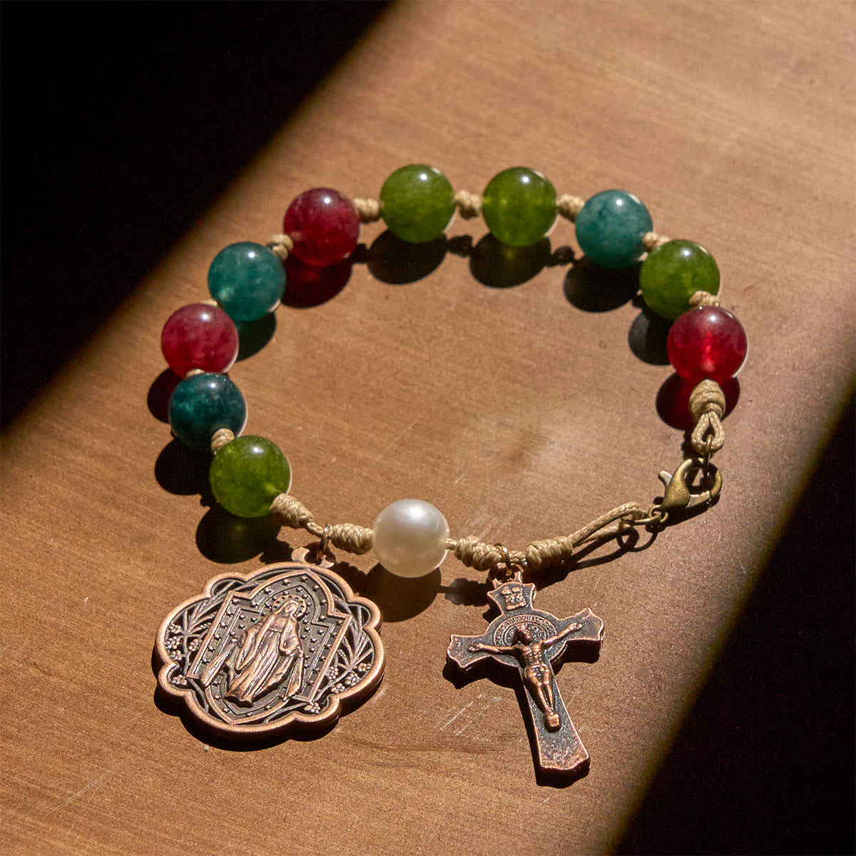 Pulseras de ágata de turmalina natural de 10 mm con medalla milagrosa y crucifijo