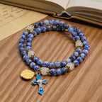 Pulsera de Rosario Artesanal Elástica de 4mm con Piedras Azules, Crucifijo y Cruz de Jerusalén