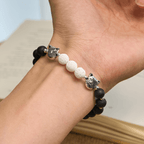 Matte Black and White Lava Stone with Cow Cat Blessing Animal Bracelet