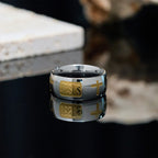 Bague bénie bicolore en or avec symbole JÉSUS et croix