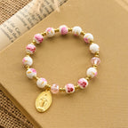 Bracelet élégant en céramique rose à motif floral de 8 mm avec médaille miraculeuse