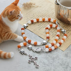 Pulsera de gato atigrado naranja, cuentas de cuarzo blanco y naranja con abalorios de acero inoxidable de cara de gato, rosario de animales