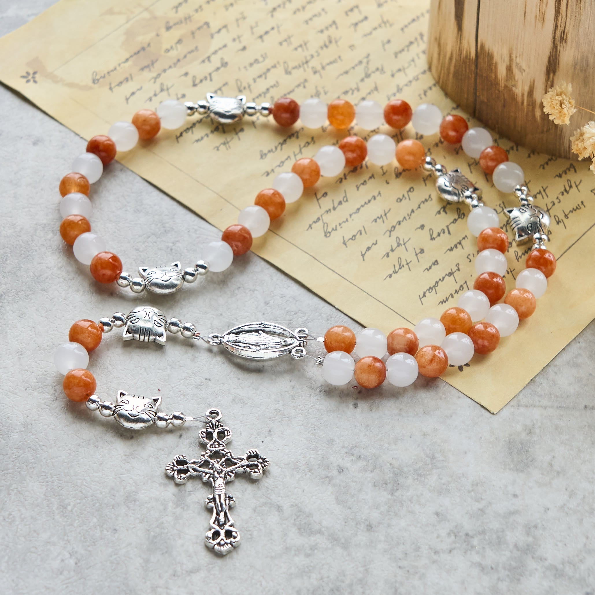 Orange & White Quartz with Cat Face Stainless Steel Charms of Orange Tabby Bracelet, Animal Rosary