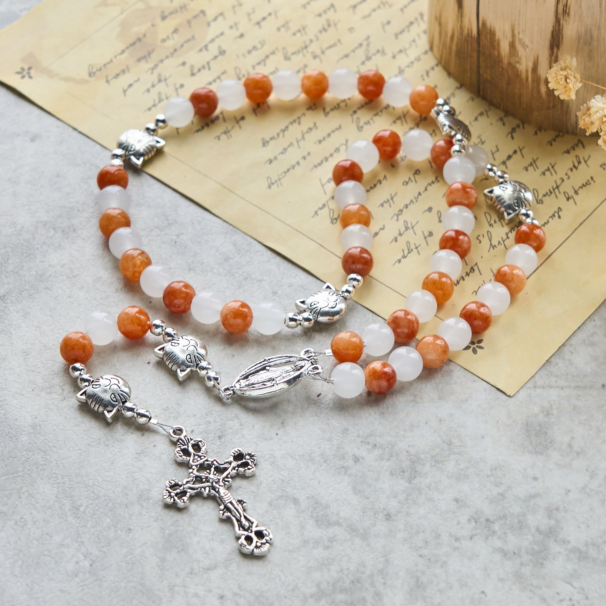 Orange & White Quartz with Cat Face Stainless Steel Charms of Orange Tabby Bracelet, Animal Rosary