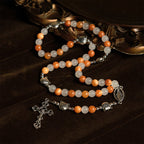 Pulsera de gato atigrado naranja, cuentas de cuarzo blanco y naranja con abalorios de acero inoxidable de cara de gato, rosario de animales