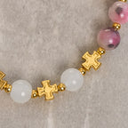 Bracelet élégant en perles de jade rose persan et noir de 8 mm avec croix ancienne