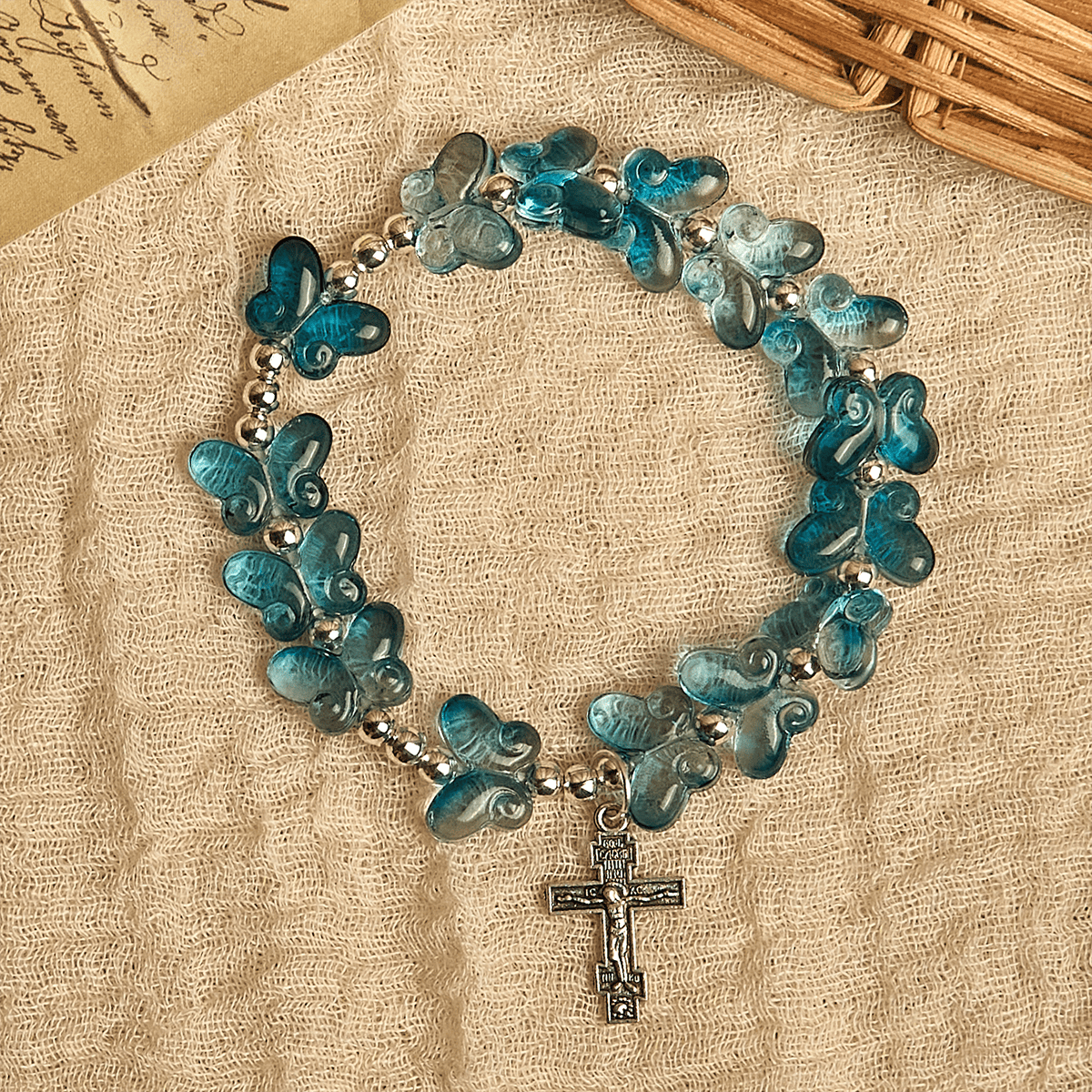 Bracelet de prière papillon bleu scintillant Ailes de dévotion, chapelet animal