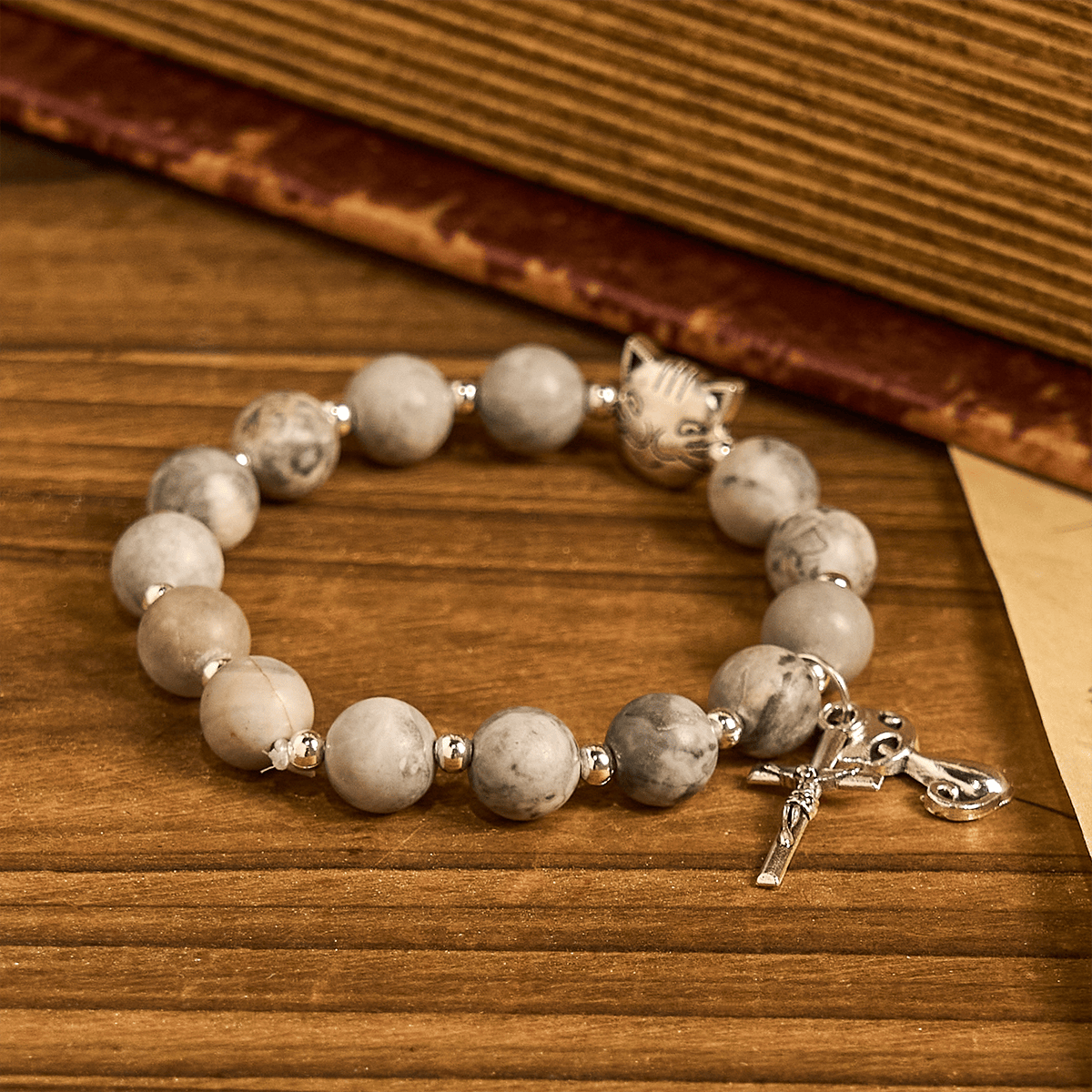 Rosario de oración para gato atigrado gris claro: Pulsera para el cuidado de gatos callejeros, Rosario de animales