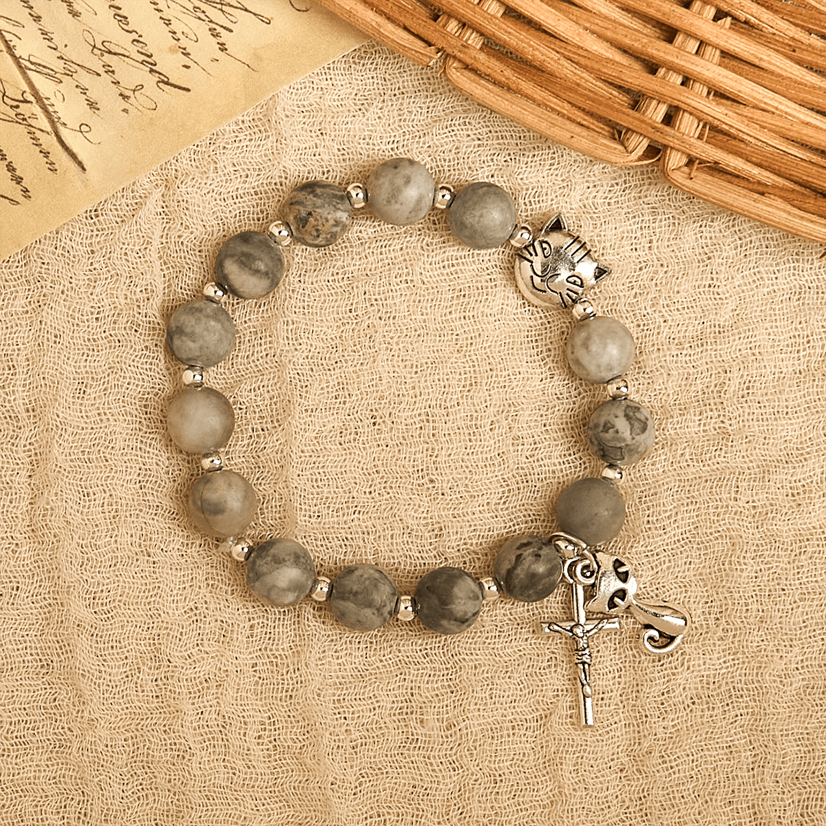 Rosario de oración para gato atigrado gris claro: Pulsera para el cuidado de gatos callejeros, Rosario de animales