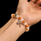 Pulsera de gato atigrado naranja, cuentas de cuarzo blanco y naranja con abalorios de acero inoxidable de cara de gato, rosario de animales