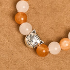 Pulsera de gato atigrado naranja, cuentas de cuarzo blanco y naranja con abalorios de acero inoxidable de cara de gato, rosario de animales