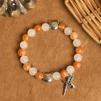 Bracelet animal chat tigré orange en quartz orange et blanc avec breloques en acier inoxydable tête de chat