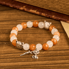 Pulsera de gato atigrado naranja, cuentas de cuarzo blanco y naranja con abalorios de acero inoxidable de cara de gato, rosario de animales
